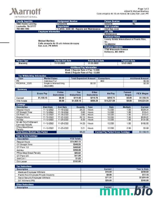Szablon odcinka wypłaty Marriott International w formatach Word i PDF